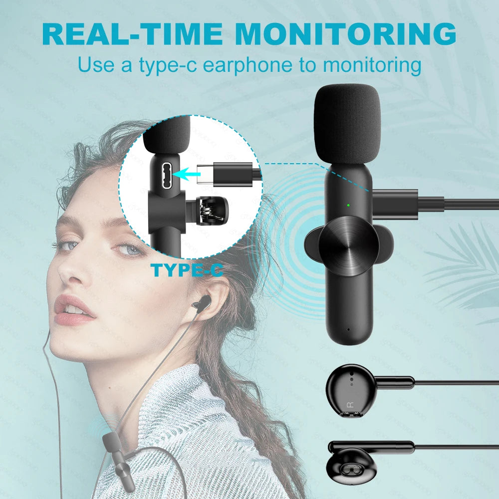 Wireless Lavalier Microphone Mini Audio Video Recording Mic for iPhone 15~17 Android Portable Live Broadcast Gaming
