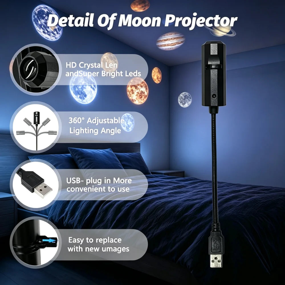 Planet Moon Projector Light Romantic USB LED Night Light Bedroom Atmosphere Projection Decorative Lamps for Ceiling Window Wall