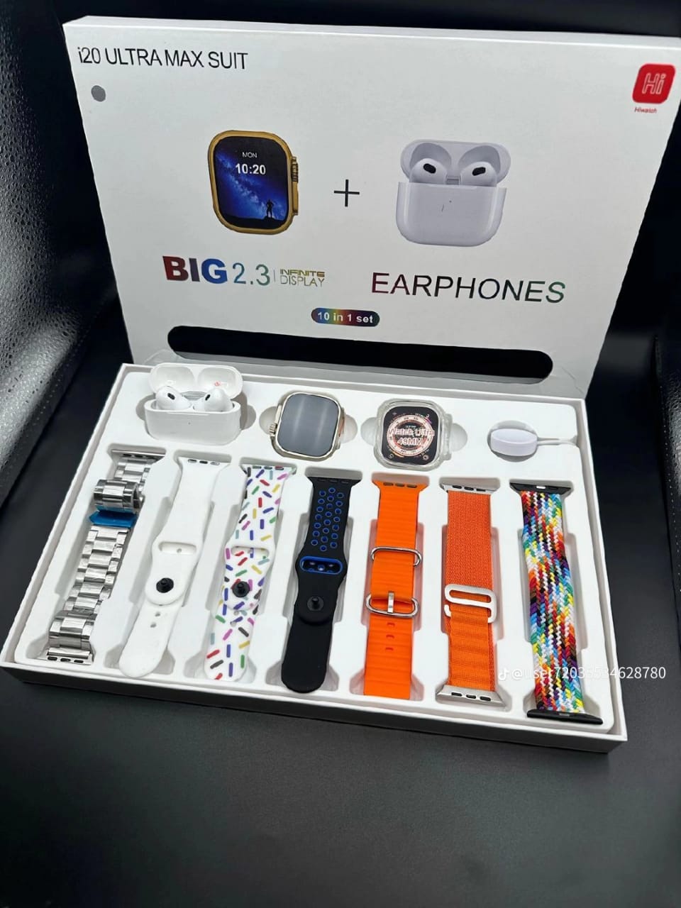 I20 Ultra Max Smart Watch 2.3 Inch Large Screen 10 in 1 Box with 7 Straps and AirPods 2