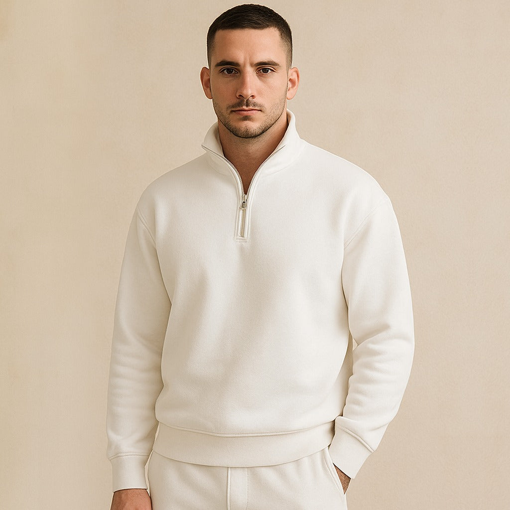 White Men Classic Quarter Zip-Up Fleece Sweatshirt For Men