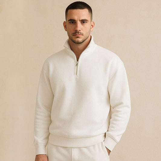 White Men Classic Quarter Zip-Up Fleece Sweatshirt For Men