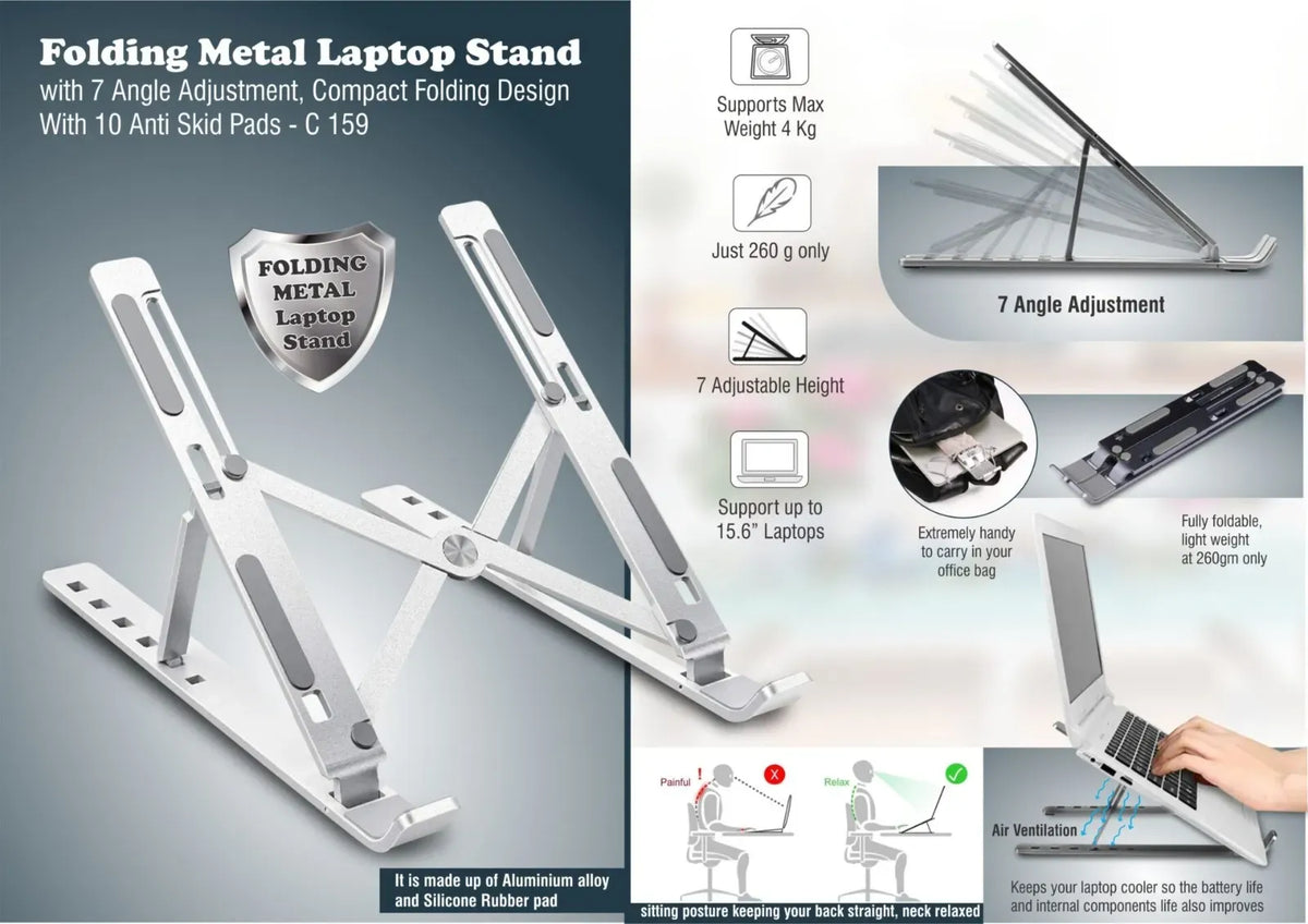 Metal Laptop Stand | Portable Aluminum Folding Adjustable Laptop Stand - Compatible With All Sizes of Laptop