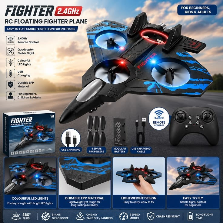 RC Feighter Jet Remote Control Airplane Toy – 2.4GHz Wireless Control, Durable Foam Body, LED Lights, Rechargeable Battery for Kids & Adult